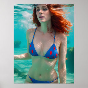 Red Haired Woman Polka Dot Bikini Underwater Photo Poster