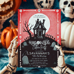 Red Halloween Haunted House Birthday Party Invitation