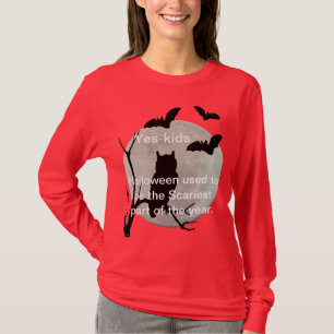Red Halloween Owl & Bats Long Sleeve T-Shirt