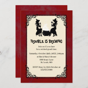Red Halloween Witch Trouble Is Brewing Party Invitation