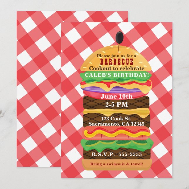 Red Hamburger Summer Cookout Barbecue Invitations (Front/Back)