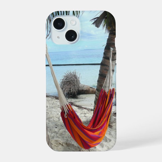 Red Hammock Between Palms, Caribbean Beach iPhone 15 Case (Back)