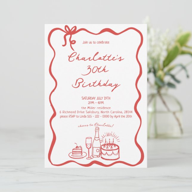 RED Hand Drawn 30th Birthday Invitation (Standing Front)