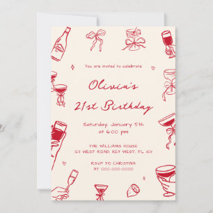 Red Hand Drawn Adult Birthday Party Invitation