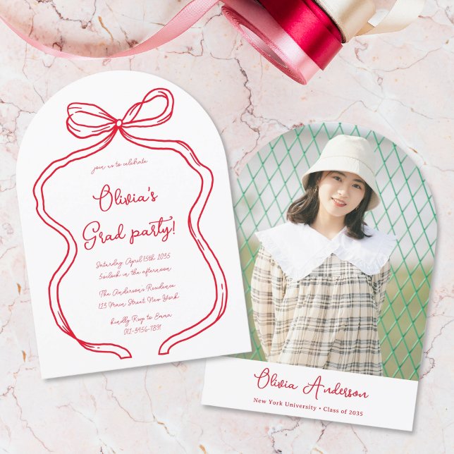 Red Hand Drawn Bow Photo Arch Graduation Party Invitation (Creator Uploaded)