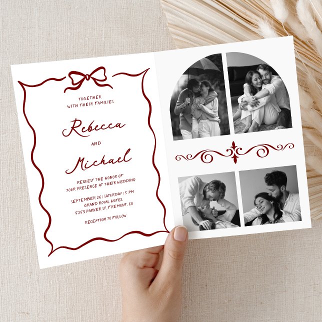 Red Hand Drawn Bow QR Code Photo Wedding Invitation (Creator Uploaded)
