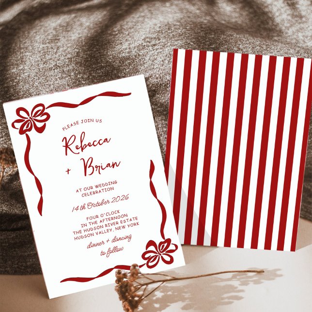 Red Hand Drawn Bow Ribbon Sketch Wedding Invitation (Creator Uploaded)