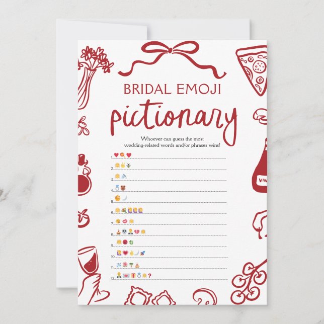 Red Hand Drawn Bridal Shower Emoji Pictionary Game Invitation (Front)