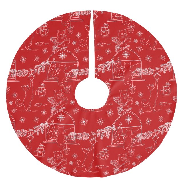 Red Hand drawn cats & Christmas tree  Brushed Polyester Tree Skirt (Front)