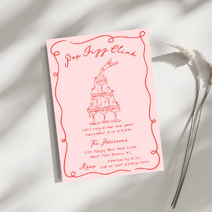 Red Hand Drawn Champagne Tower New Years Eve Party Invitation