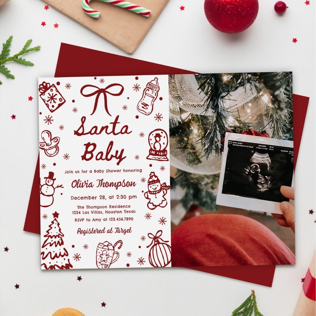 Red Hand Drawn Christmas Santa Baby Shower Photo Invitation (Creator Uploaded)