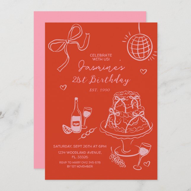 Red Hand Drawn Cute Pink Birthday  Invitation (Front/Back)