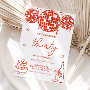 Red Hand Drawn Disco Ball Birthday Party Invitation