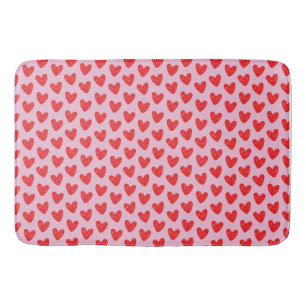 Red Hand-Drawn Doodle Hearts Pattern on Pastel Pin Bath Mat
