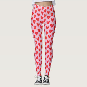 Red Hand-Drawn Doodle Hearts Pattern on Pastel Pin Leggings