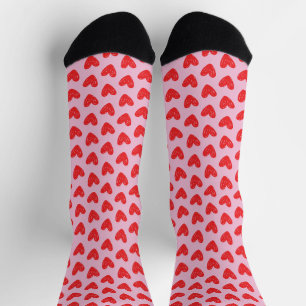 Red Hand-Drawn Doodle Hearts Pattern on Pastel Pin Socks