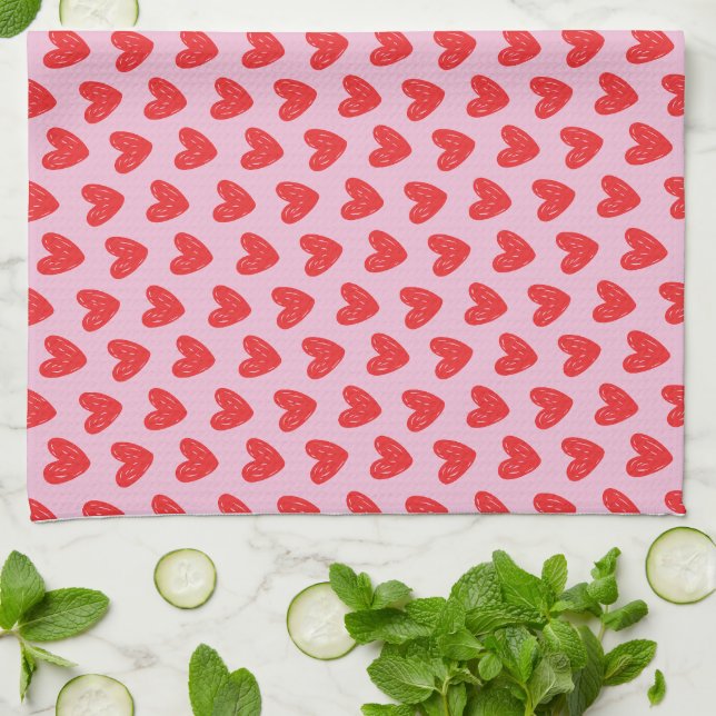 Red Hand-Drawn Doodle Hearts Pattern on Pastel Pin Tea Towel (Folded)