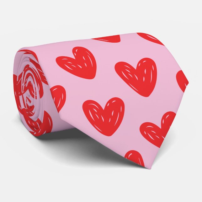 Red Hand-Drawn Doodle Hearts Pattern on Pastel Pin Tie (Rolled)