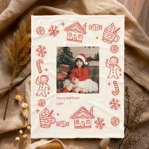 Red Hand Drawn Doodle Whimsical Photo Christmas  Fleece Blanket