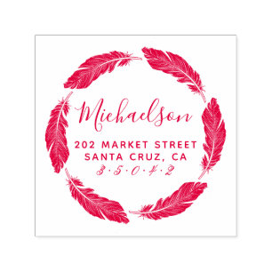 Red Hand-drawn Feather Family Name Return Address Self-inking Stamp