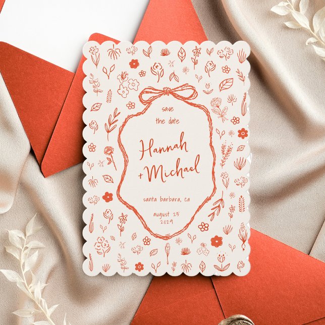 Red Hand Drawn Flowers Handwritten Spring Wedding Save The Date (Creator Uploaded)