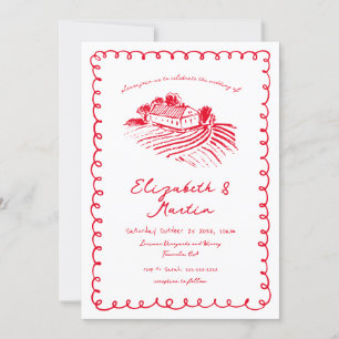 Red Hand Drawn Funky Vineyard Venue Wedding Invitation