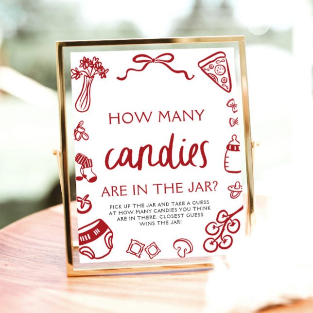 Red Hand Drawn Guess How Many Candies Baby Shower  Poster (Red Hand Drawn Guess How Many Candies Baby Shower Sign)