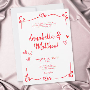 Red Hand Drawn Heart Whimsical Modern Wedding Invitation