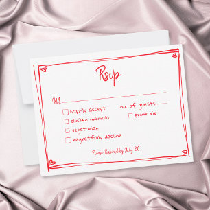 Red Hand Drawn Heart Whimsical Modern Wedding  RSVP Card