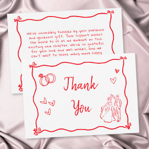 Red Hand Drawn Heart Whimsical Modern Wedding Thank You Card