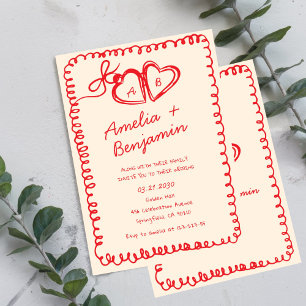 red hand drawn heart Whimsical Wedding Invitation