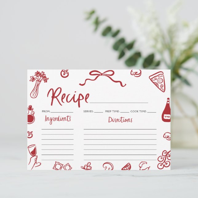 Red Hand Drawn Italian Bridal Shower Recipe Card (Standing Front)