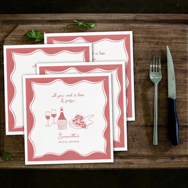 Red Hand Drawn Italian Pizza Wine Bridal Shower Napkin (Red Hand Drawn Italian Pizza Wine Bridal Shower Napkins)