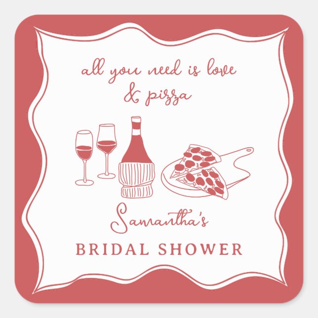 Red Hand Drawn Italian Pizza Wine Bridal Shower Square Sticker (Front)