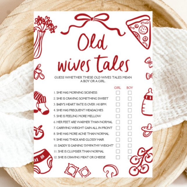 Red Hand Drawn Old Wives Tales Baby Shower Game Invitation (Red Hand Drawn Old Wives Tales Baby Shower Game)