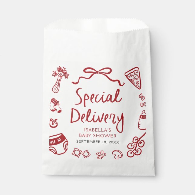 Red Hand Drawn Pizza Special Delivery Baby Shower Favour Bags (Front)