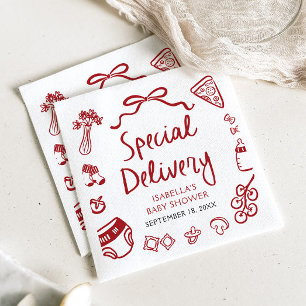 Red Hand Drawn Pizza Special Delivery Baby Shower Napkin