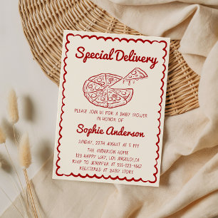 Red Hand Drawn Special Delivery Pizza Baby Shower Invitation