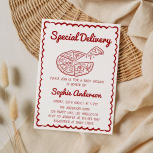 Red Hand Drawn Special Delivery Pizza Baby Shower Invitation