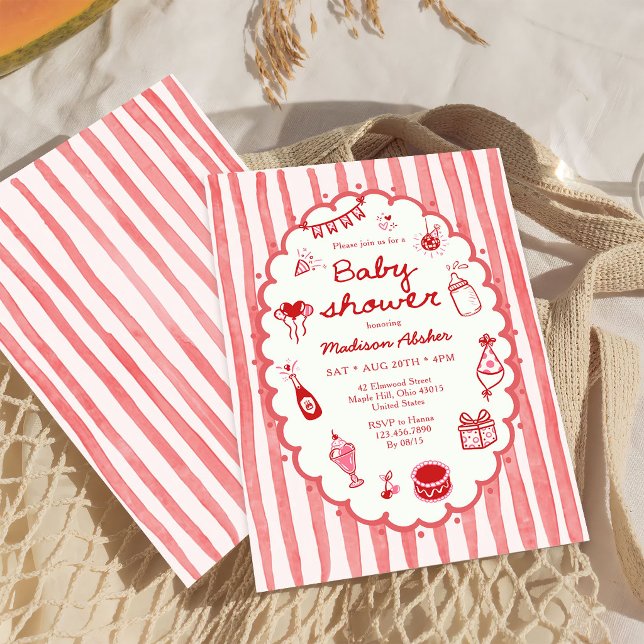 Red Hand-Drawn Stripes Baby Shower Invitation (Creator Uploaded)