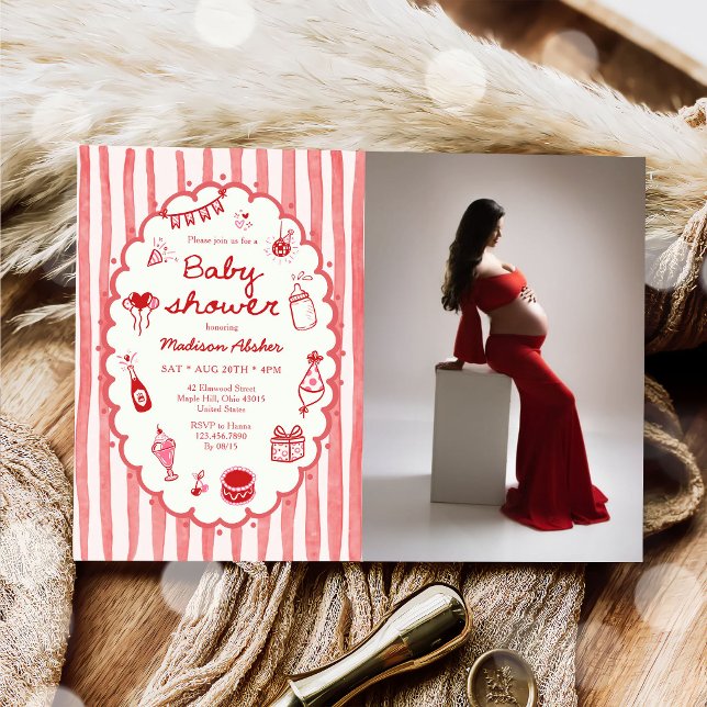 Red Hand-Drawn Stripes Baby Shower Invitation (Creator Uploaded)