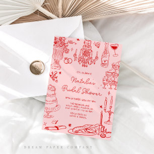 Red Hand Drawn Whimsical Bridal Shower Invitation