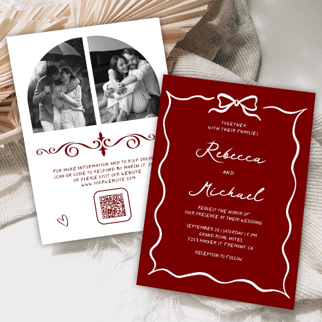 Red Hand Drawn White Bow QR Code Photo Wedding Invitation (Creator Uploaded)