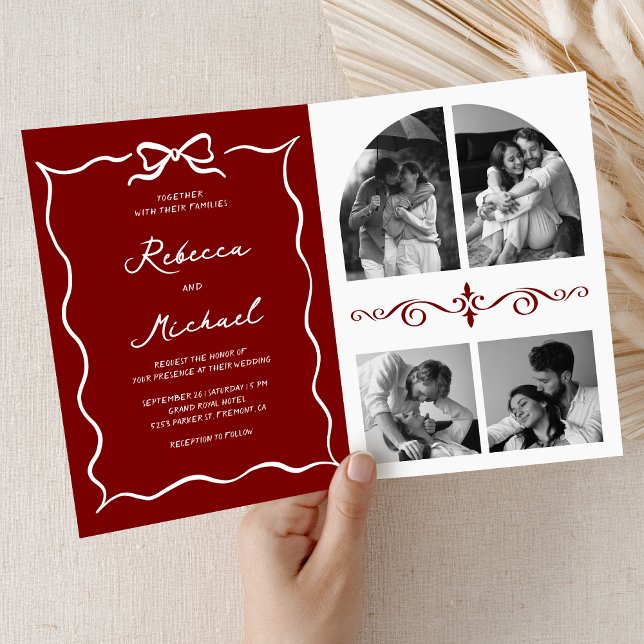 Red Hand Drawn White Bow QR Code Photo Wedding Invitation (Creator Uploaded)