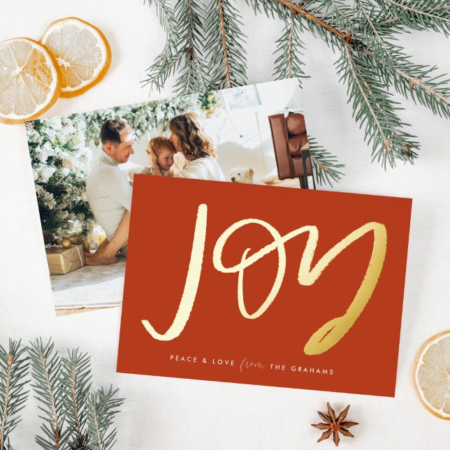 Red Hand-Lettered Joy Photo Gold Foil Holiday Card (Hand-Lettered Joy gold foiled on a festive red holiday card with your photo on the back.)