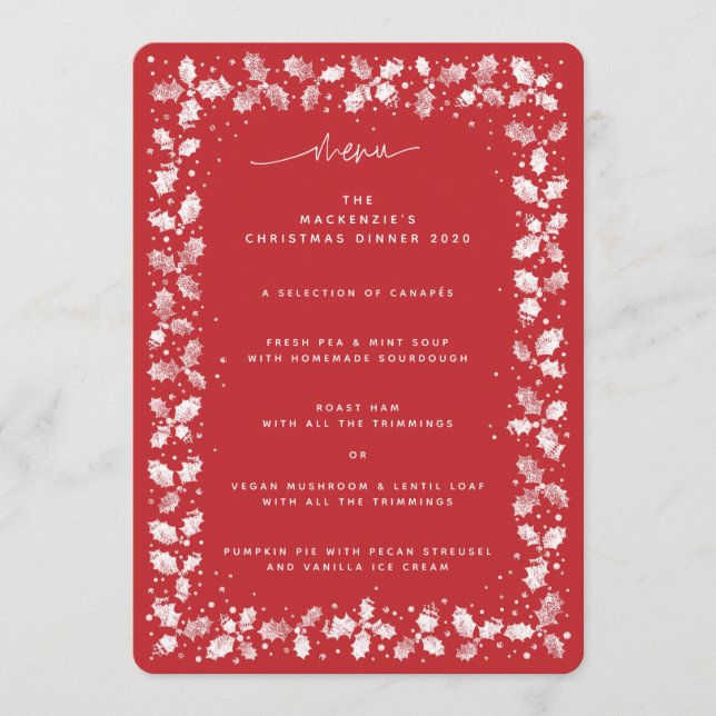 Red Hand Printed Holly+Berries Christmas Menu (Front)