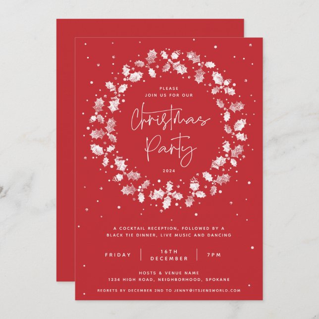 Red Hand Printed Holly Wreath Christmas Party Invitation (Front/Back)