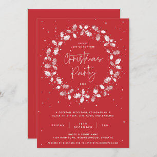 Red Hand Printed Holly Wreath Christmas Party Invitation