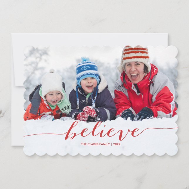 Red Handwriting Believe | Holiday Photo Card (Front)