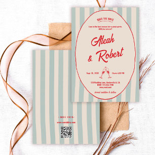 Red Handwriting Blue Stripes Retro Save the Date Invitation
